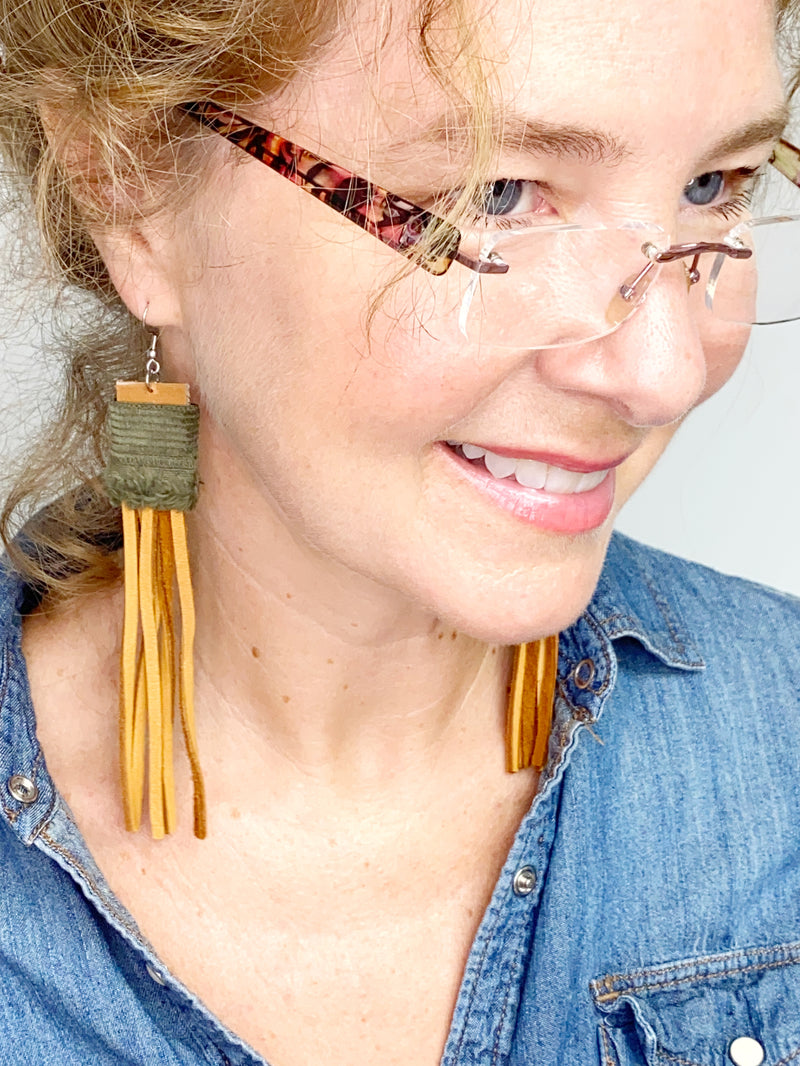 NEW! Eco Friendly Corduroy and Leather Fringe Earrings, Upcycled Earrings, Handmade