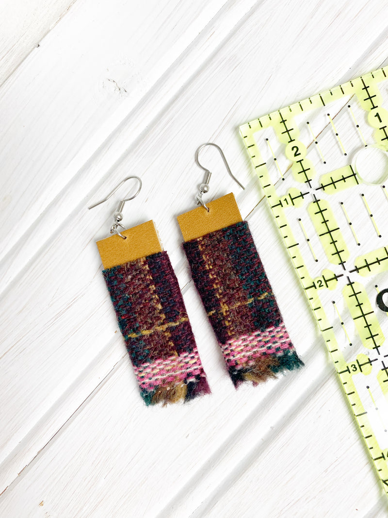 NEW! Eco Friendly WOOL Maroon Leather Earrings, Upcycled Earrings, Gift for Her