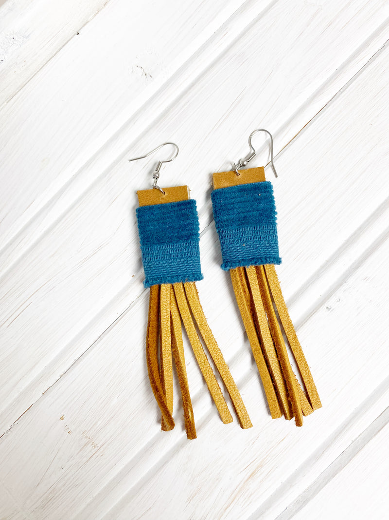 NEW! Eco Friendly Corduroy and Leather Earrings, Upcycled Earrings, Gift for Her