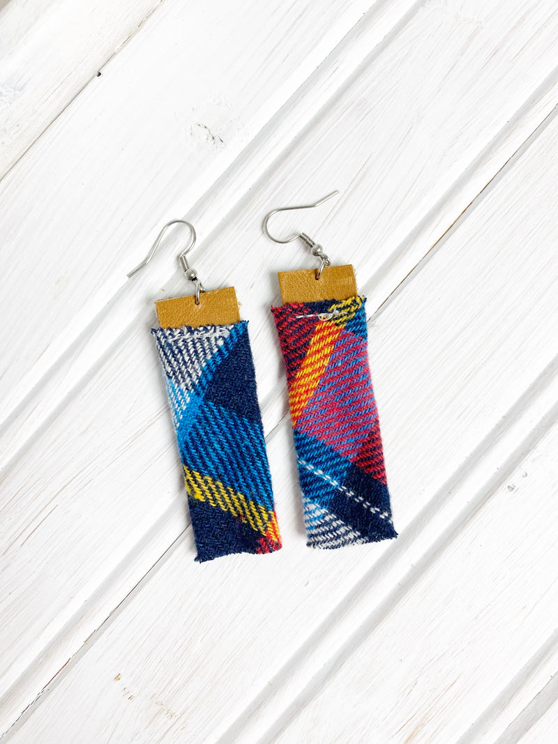 NEW! Eco Friendly Flannel Plaid and Leather Fringe Earrings, Upcycled Earrings, Handmade