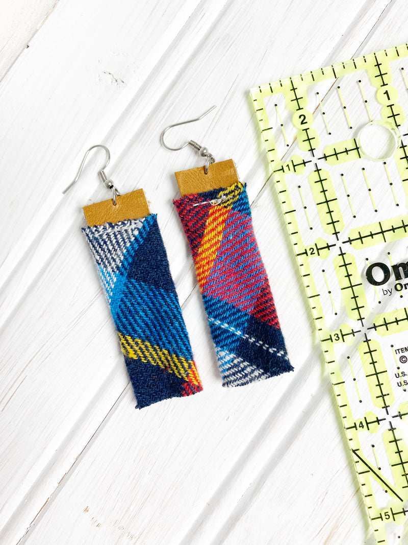 NEW! Eco Friendly Flannel Plaid and Leather Fringe Earrings, Upcycled Earrings, Handmade