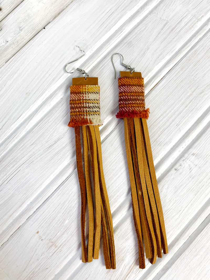 NEW! Leather and Upcycled Fabric Handmade Earrings, Plaid Flannel