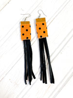 NEW! Black Leather and Upcycled Fabric Handmade Earrings, Burgundy Feather with Leather Fringe