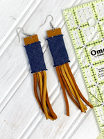 NEW! Denim Leather Earrings with Lace Fringe, Upcycled Earrings for Women, Minimalist Accessories