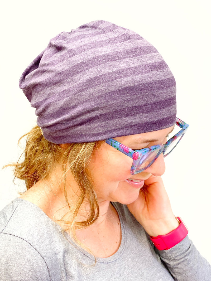 Purple Subtle Stripes Lightweight Beanie Hat for Women, Stretch Jersey Hat, Soft Cotton Beanie Small, S201