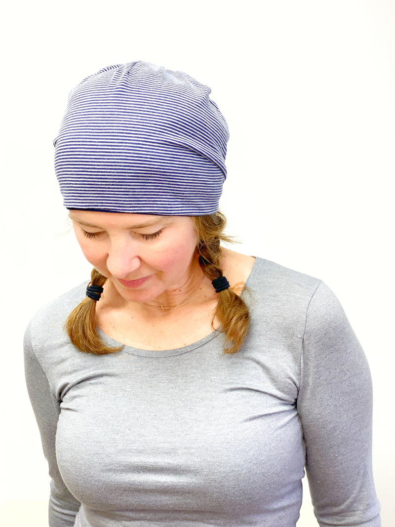 Navy Blue and Navy Stripes Stretch Beanie Hat for Women, Stretch Jersey Hat, Soft Cotton Beanie, Small, S207