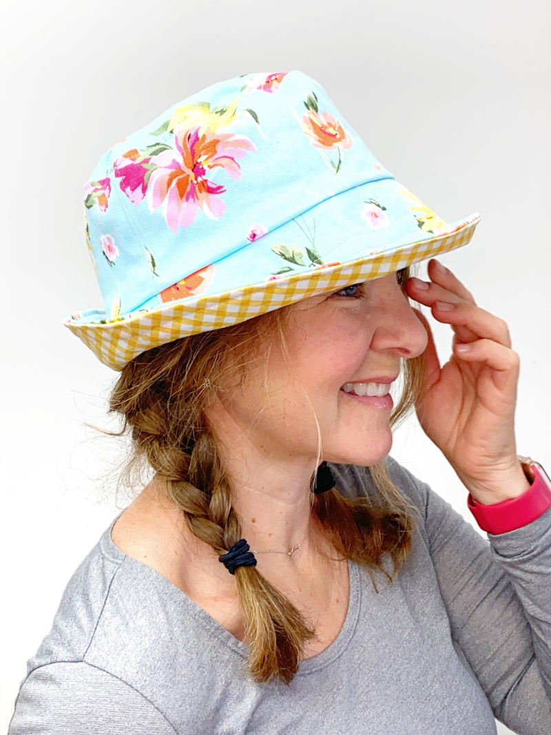 M/L Bucket Hat in Baby Blue Floral and Yellow Gingham, Ready to Ship