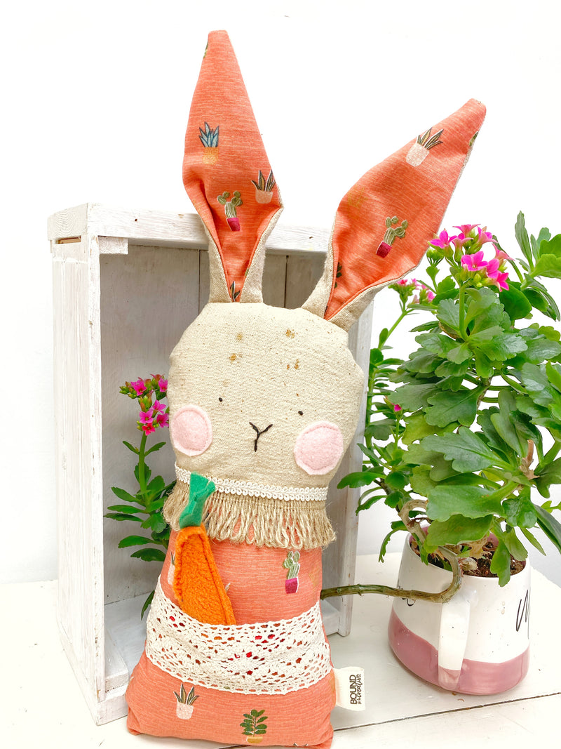 Creative Cuddles, Orange Plants Fabric Bunny Animal for Kids, Children's Sensory Stuffed Animal, Upcycled Stuffed Animal for Kids