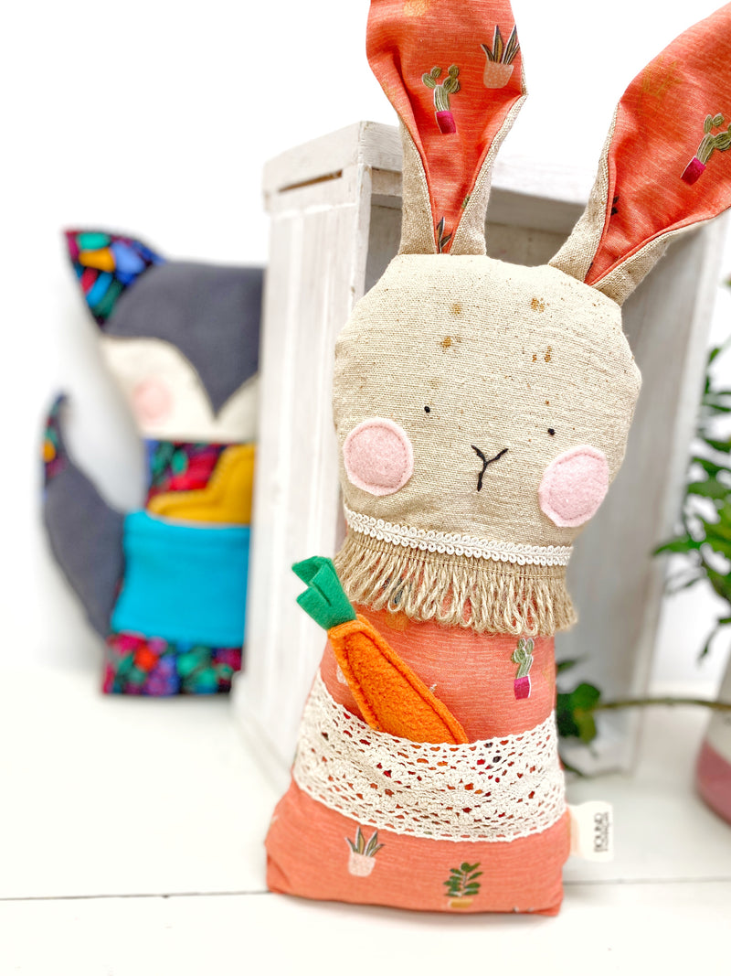 Creative Cuddles, Orange Plants Fabric Bunny Animal for Kids, Children's Sensory Stuffed Animal, Upcycled Stuffed Animal for Kids