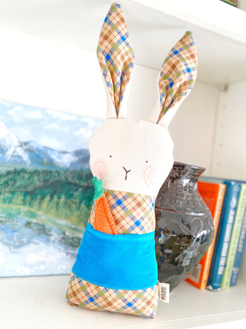 Creative Cuddles, Brown Plaid Diagonal Fabric Bunny Rabbit for Kids, Children's Sensory Stuffed Animal, Upcycled Stuffed Animal for Kids