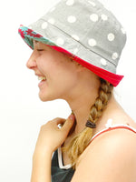 Small Cute Patchwork Bucket Hat with Grey with White Polka Dots, Ready to Ship