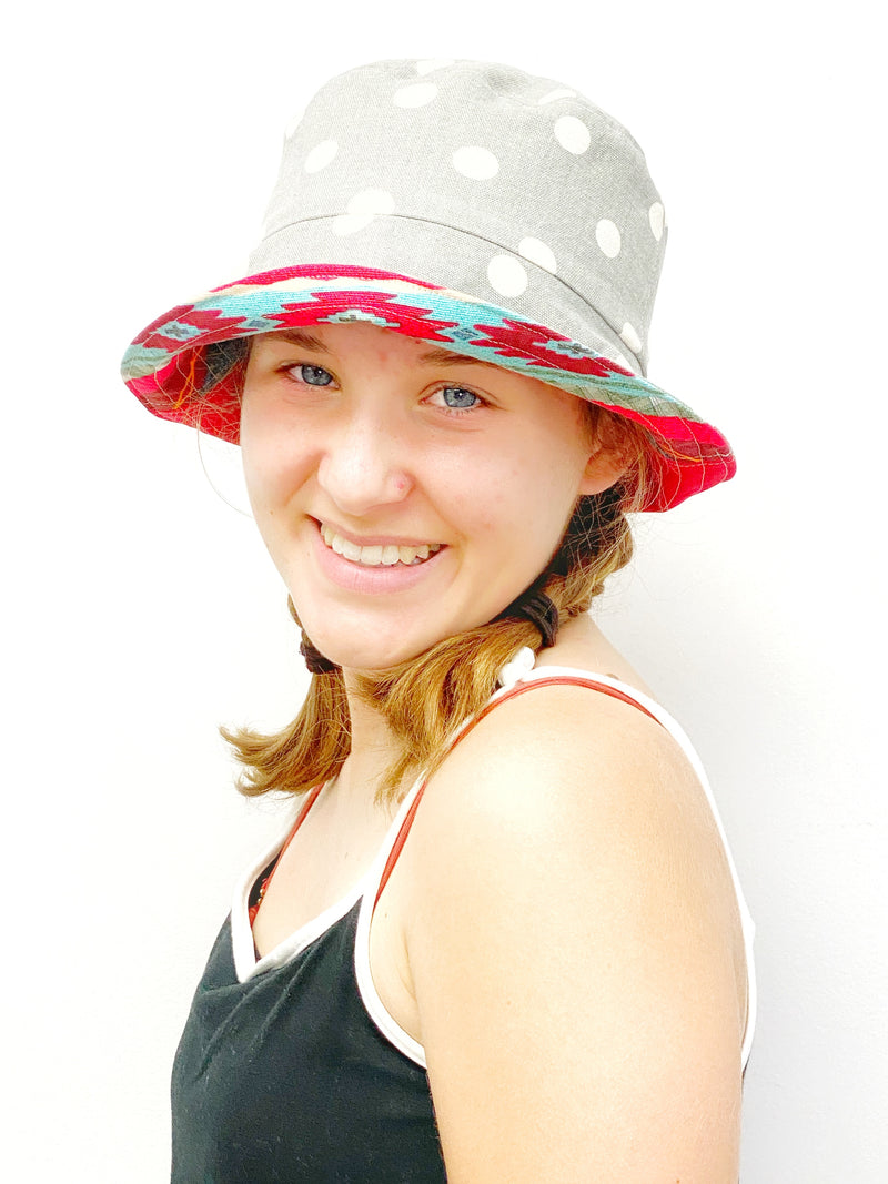 Small Cute Patchwork Bucket Hat with Grey with White Polka Dots, Ready to Ship