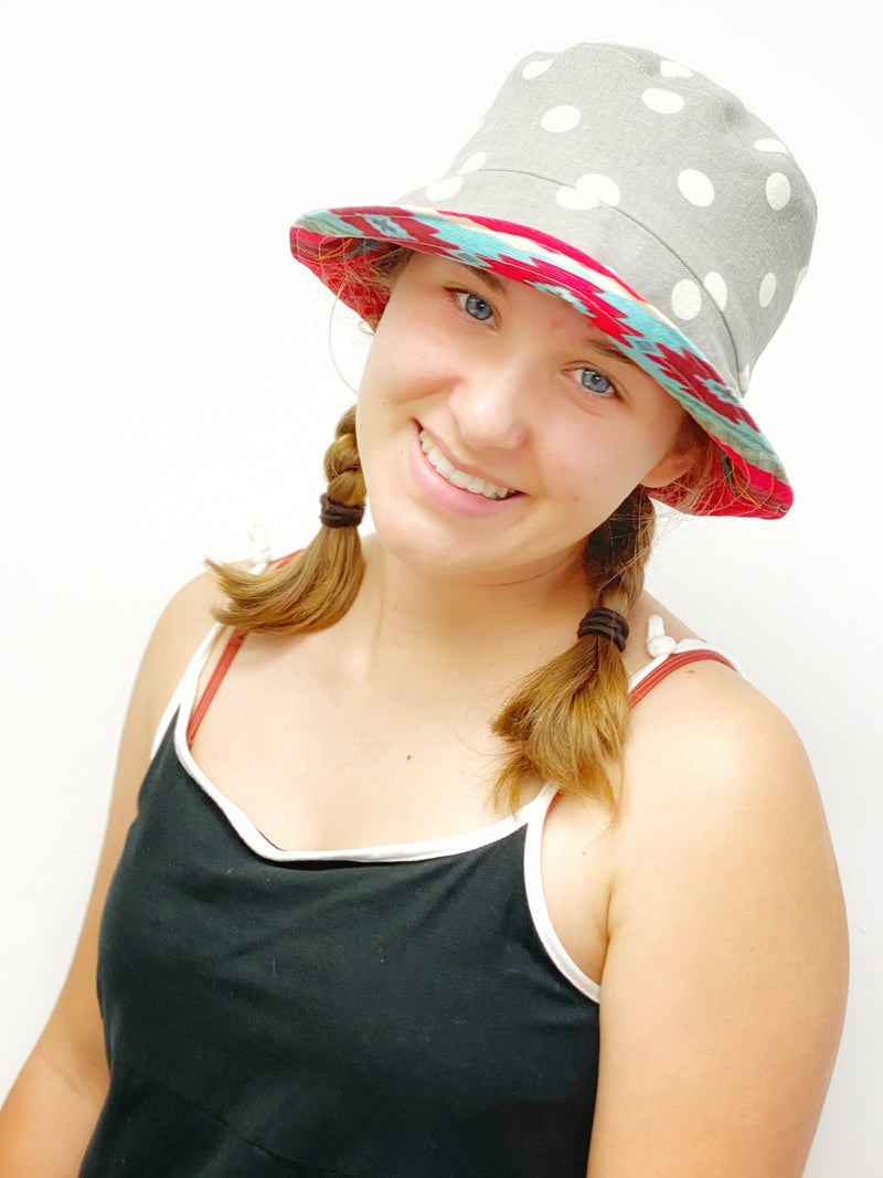 Small Cute Patchwork Bucket Hat with Grey with White Polka Dots, Ready to Ship