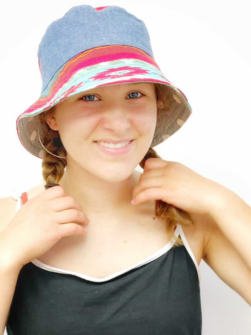 Small Cute Patchwork Bucket Hat with Grey with White Polka Dots, Ready to Ship