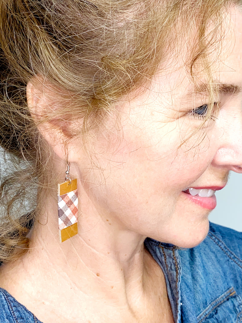 NEW! Eco Friendly Plaid Autumn Leather Earrings, Upcycled Earrings, Gift for Her
