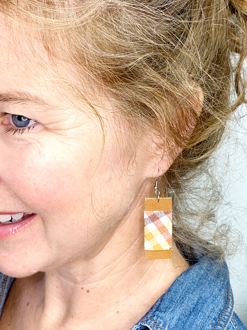 NEW! Eco Friendly Plaid Autumn Leather Earrings, Upcycled Earrings, Gift for Her