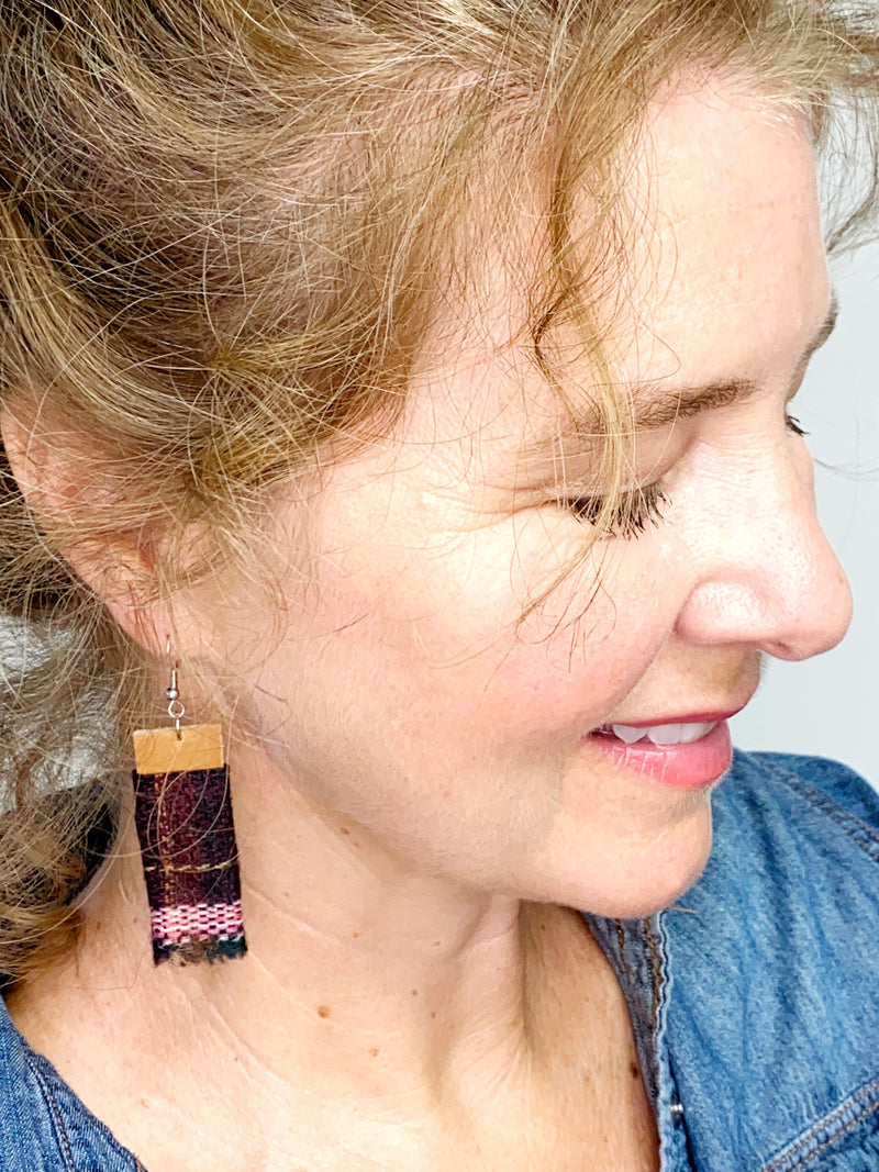 NEW! Eco Friendly WOOL Maroon Leather Earrings, Upcycled Earrings, Gift for Her