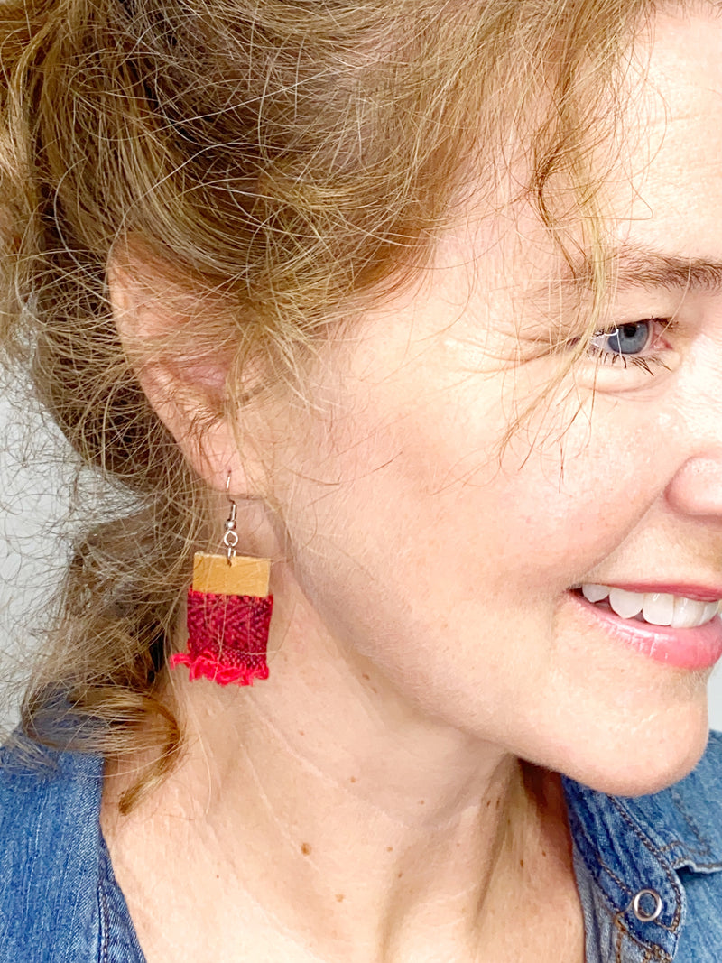 NEW! Eco Friendly Flannel and Leather Earrings, Upcycled Earrings, Gift for Her