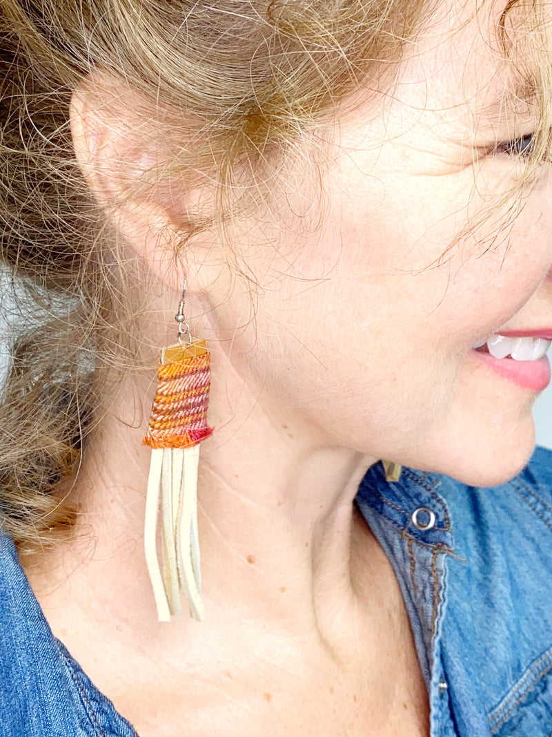 NEW! Eco Friendly Flannel Plaid and Leather Fringe Earrings, Upcycled Earrings, Gift for Her