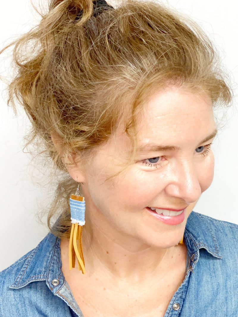 NEW! Eco Friendly Denim Plaid and Leather Fringe Earrings, Upcycled Earrings, Gift for Her