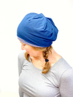 Navy Blue and Navy Stripes Stretch Beanie Hat for Women, Stretch Jersey Hat, Soft Cotton Beanie, Small, S207