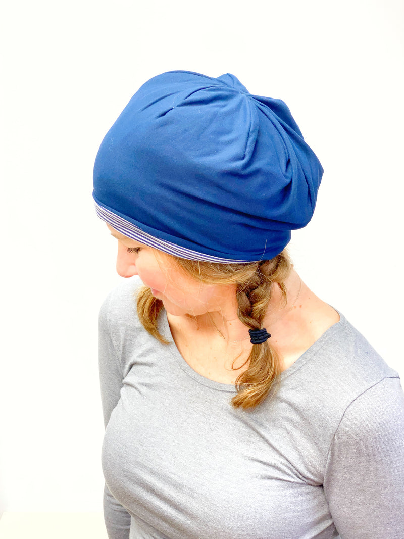 Navy Blue and Navy Stripes Stretch Beanie Hat for Women, Stretch Jersey Hat, Soft Cotton Beanie, Small, S207