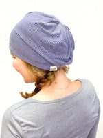 Navy Blue and Navy Stripes Stretch Beanie Hat for Women, Stretch Jersey Hat, Soft Cotton Beanie, Small, S207