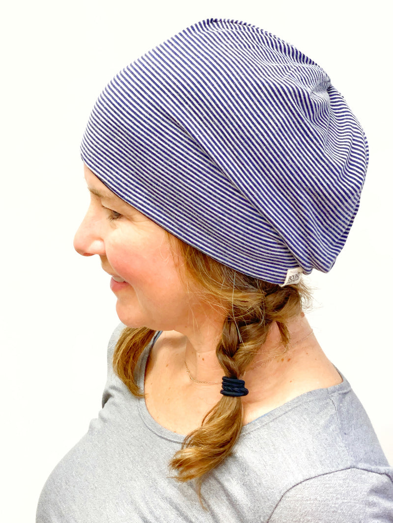 Navy Blue and Navy Stripes Stretch Beanie Hat for Women, Stretch Jersey Hat, Soft Cotton Beanie, Small, S207