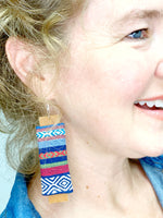 Leather Handmade, Large Navy Striped Leather and Fabric Earrings