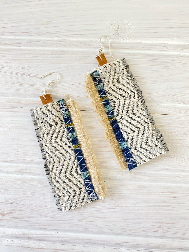 Large Patchwork Fabric Earrings, Grey and Navy, Slight Fringe