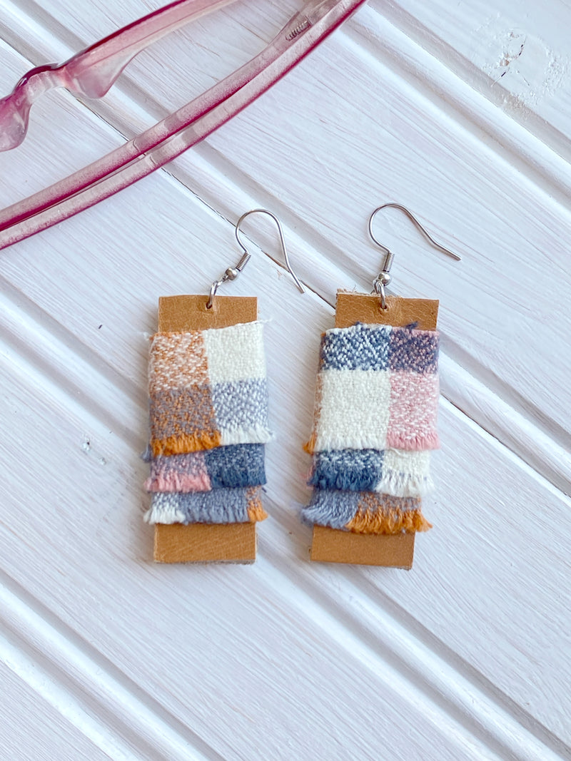 Leather and Scrap Fabric Handmade Earrings, Neutral Flannel Plaid Feather