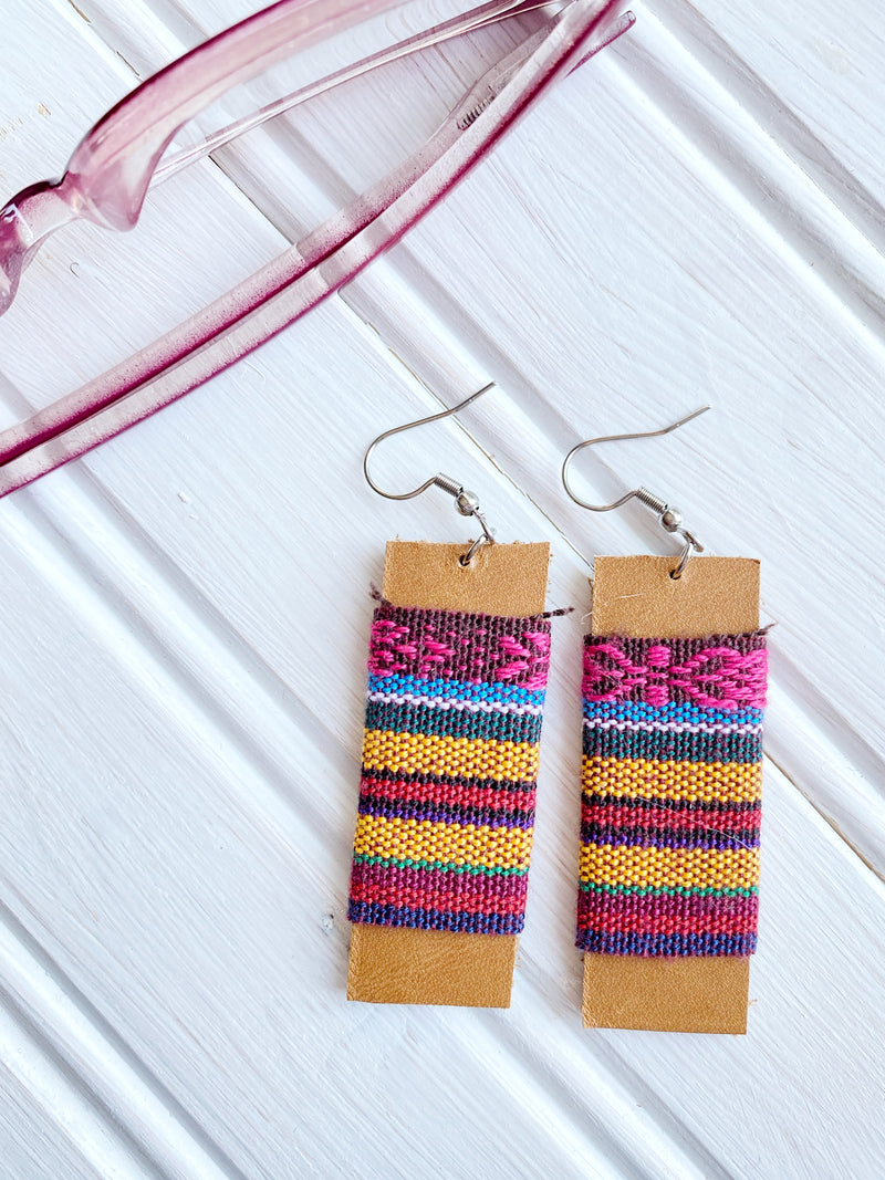 Leather and Scrap Fabric Handmade Earrings, Native Fabric and Leather