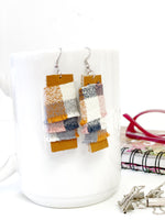 Leather and Scrap Fabric Handmade Earrings, Neutral Flannel Plaid Feather