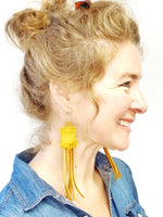 New Leather and Scrap Fabric Handmade Earrings, Mustard Yellow Feather with Leather Fringe