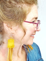 New Leather and Scrap Fabric Handmade Earrings, Mustard Yellow Feather with Leather Fringe