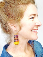 Leather and Scrap Fabric Handmade Earrings, Plaid Flannel with Mustard Feather Fringe