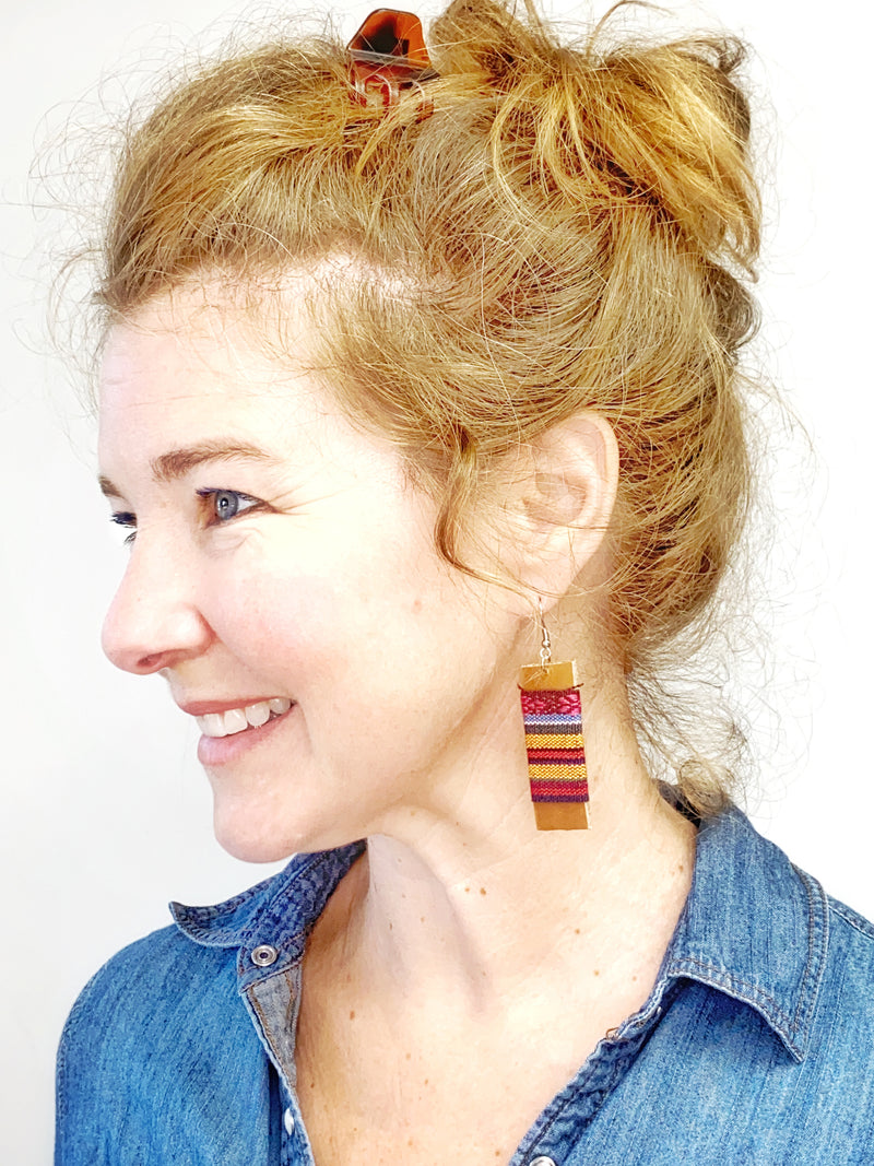 Leather and Scrap Fabric Handmade Earrings, Native Fabric and Leather