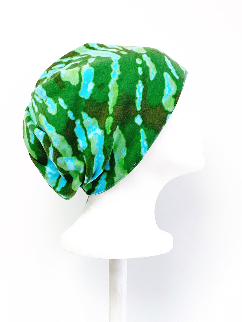 Green Tie-Dye and Teal Stretch Beanie Hat for Women, Stretch Jersey Hat, Soft Cotton Beanie S213, Small