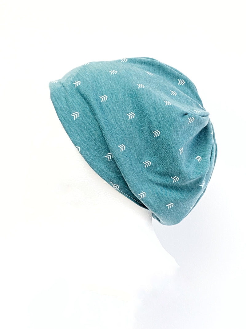 Green Tie-Dye and Teal Stretch Beanie Hat for Women, Stretch Jersey Hat, Soft Cotton Beanie S213, Small