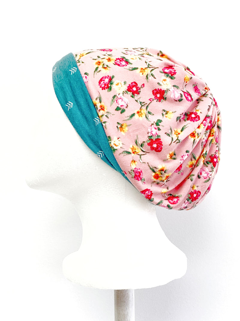 Pink Floral Stretch Beanie Hat for Women, Stretch Jersey Hat, Soft Cotton Beanie Small, S205