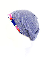 Navy Floral and Blue Pinstripes Beanie Hat for Women, Stretch Jersey Hat, Large, Soft Cotton Beanie L433