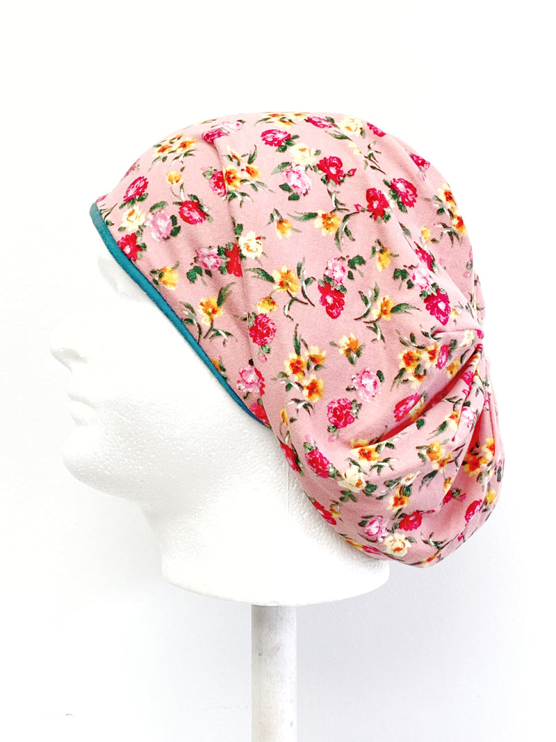 Teal and Pink Floral Hairloss Hat Beanie Hat for Women, Stretch Jersey Hat, Soft Cotton Beanie, Large Size, L435