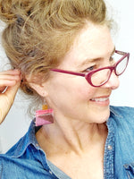 Leather and Scrap Fabric Handmade Earrings, Square Unique Drop Abstract Earrings