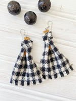 White and Black Fabric, Leather Handmade Earrings, Checker