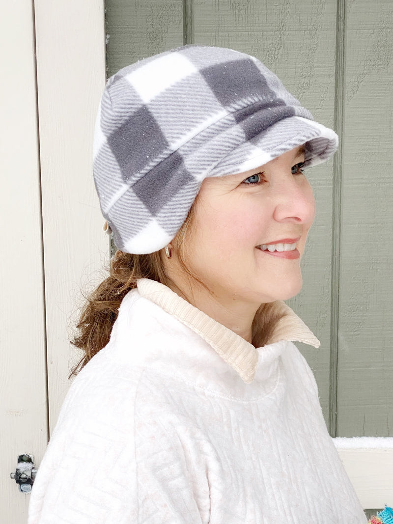 Anti-pill Fleece Winter Hat for Women, Winter Hat, Earflap Beanie for Women, Grey and White Buffalo Plaid