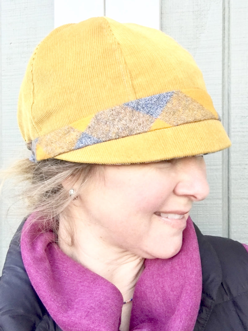 Patchwork Cap for Women, Women's Mustard Cloche Hat, Black and Grey Hat