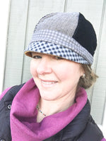 Patchwork Cap for Women, Women's Mustard Cloche Hat, Black and Grey Hat