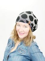 Women's Stretch Knit Hat, Soft Cotton Beanie, Black Dots on Grey Stripes with Floral Stripes, Size Large, L367