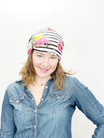 Women's Stretch Knit Hat, Soft Cotton Beanie, Black Dots on Grey Stripes with Floral Stripes, Size Large, L367