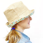 Recycled Fedora Sun Hat for Women, Women's Fishing Hat, Wide Brim Women's Straw Hat, Hat with Cute Tie, Summer Beach Hat for Women